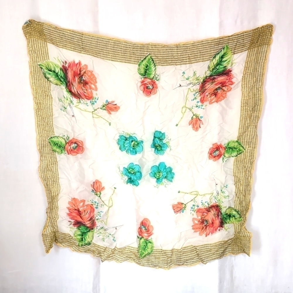 Vintage Momme 6 1/4 Rayon Silk Yellow Border Floral Square Scarf Hand Rolled - Picture 1 of 5